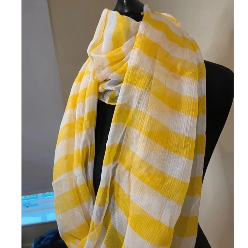 Henri Bendel Yellow White Striped Infinity Scarf Sheer‎ Lightweight Designer